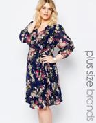 Yumi Plus Skater Dress With Wrap Front In Floral Print - Navy