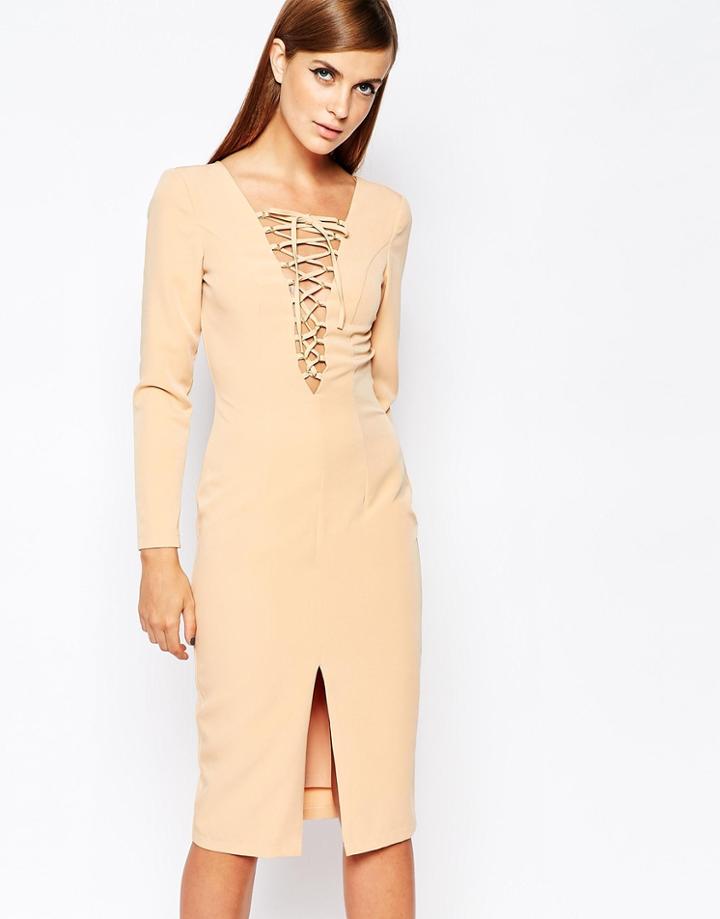 The 8th Sign Lace Up Front Longsleeve Body-conscious Dress - Nude