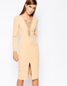 The 8th Sign Lace Up Front Longsleeve Body-conscious Dress - Nude