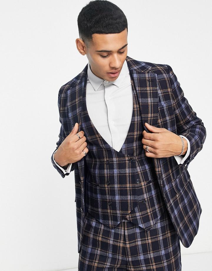 Gianni Feraud Slim Fit Checked Herringbone Wool Blend Suit Jacket-blues