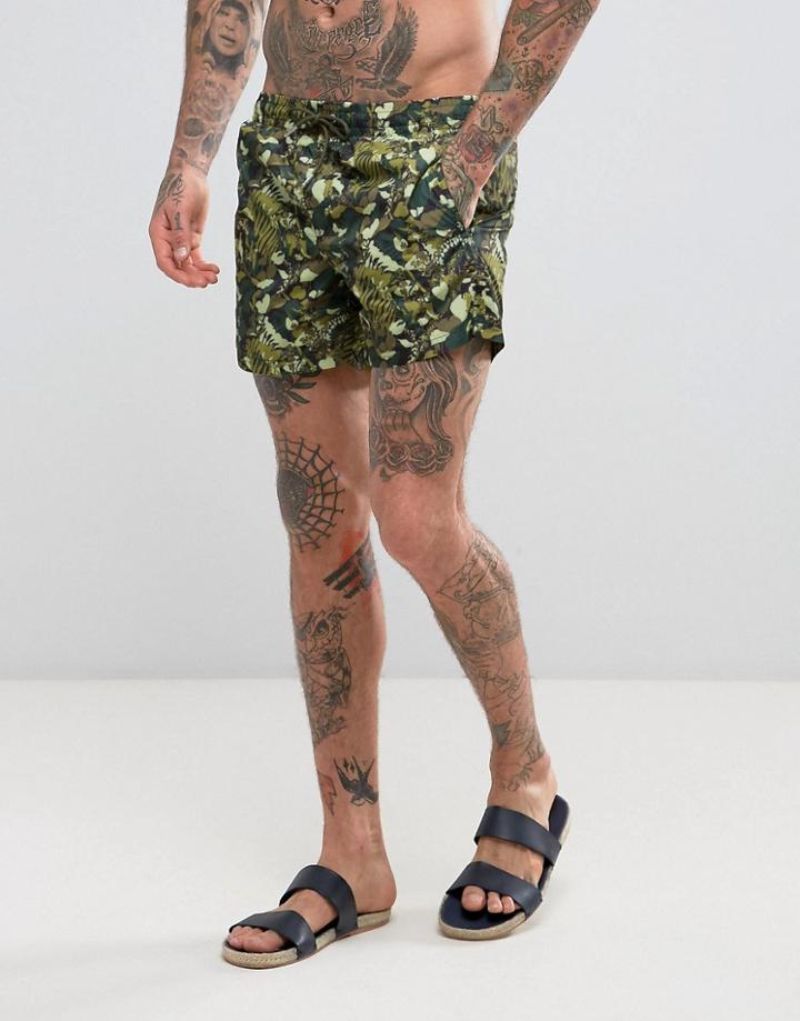 Mango Man Swim Shorts In Khaki Camo Print - Green