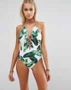 Jaded London Leaf Print Rope Lace Up Swimsuit - Multi