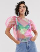 Asos Design Short Sleeve Irredesent Sheer Top - Clear