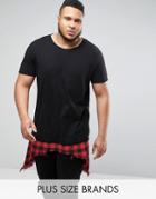 Asos Plus Extreme Longline T-shirt With Shredded Check Hem Extender - Black