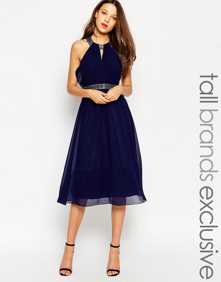 Little Mistress Tall Embellished Halter Midi Dress With Open Back - Navy