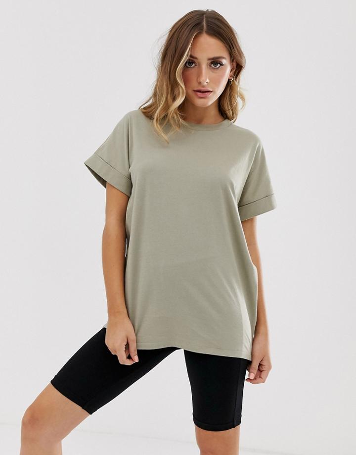 Asos Design Oversized Boyfriend T-shirt With Roll Sleeve In Khaki-green
