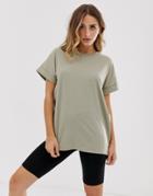 Asos Design Oversized Boyfriend T-shirt With Roll Sleeve In Khaki-green