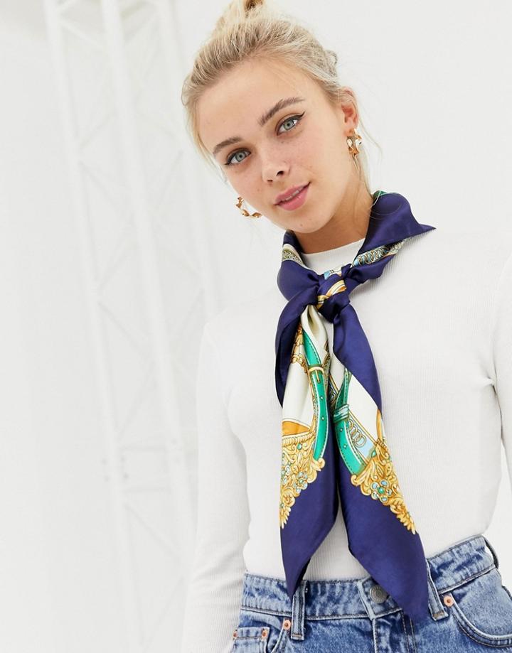 Miss Selfridge Printed Scarf In Multi - Navy