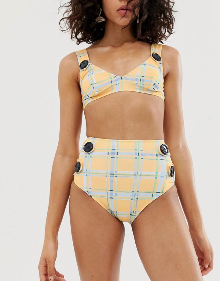 Asos White Check High Waisted Bikini Bottom - Yellow