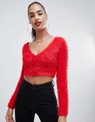 Prettylittlething Fluffy Cropped Cardigan In Red - Red