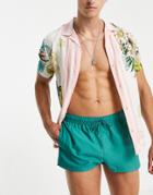 Asos Design Swim Shorts In Dark Green Short Length With Curved Hem
