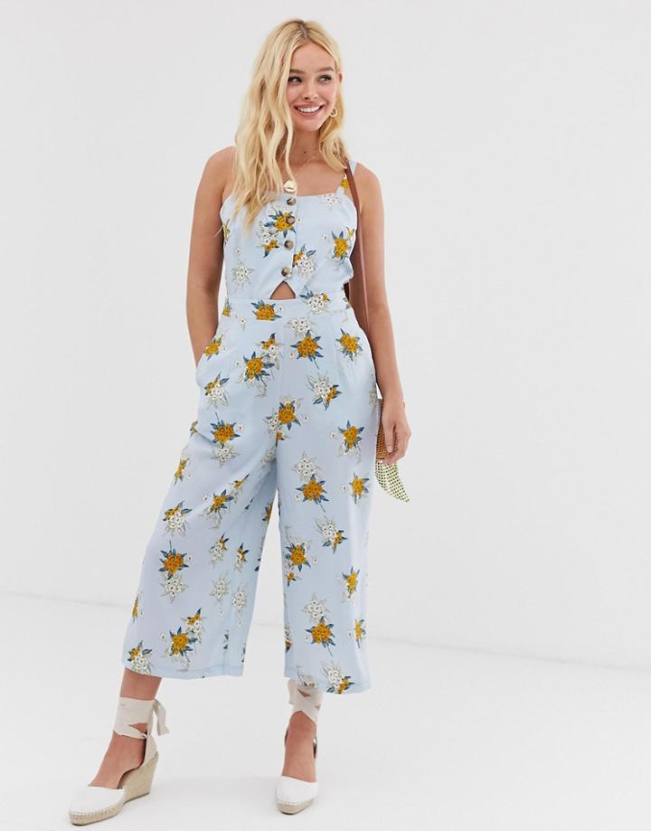 Qed London Floral Culotte Jumpsuit With Button Detail - Blue