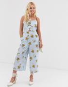 Qed London Floral Culotte Jumpsuit With Button Detail - Blue