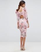 Asos Midi Dress With Puff Sleeve And Cut Out Back In Floral Print - Multi