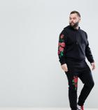 Asos Plus Tracksuit Hoodie/skinny Joggers With Embroidered Rose Print In Black - Black