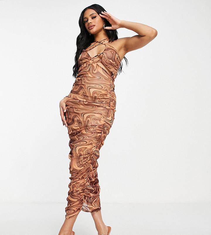 Missguided Strappy Mesh Midaxi Dress In Brown Marble-multi