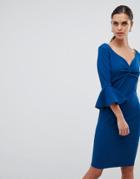 City Goddess Sweetheart Neckline Midi Dress With Bell Sleeves - Blue