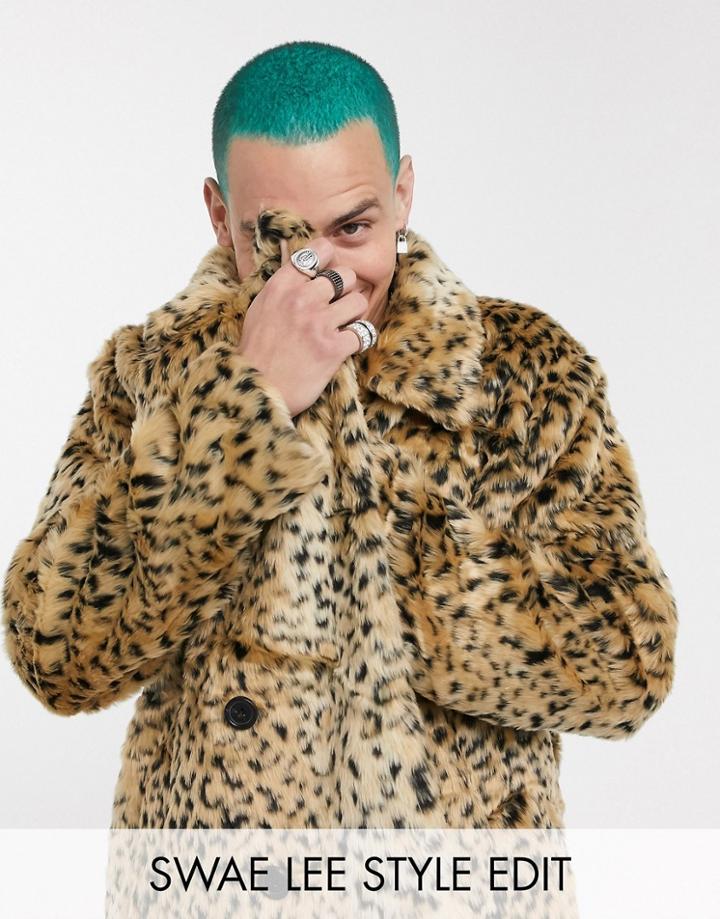 Asos Design Double Breasted Faux Fur Peacoat In Leopard Print-brown