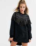Asos Design Studded Fringe Sweat Dress-black
