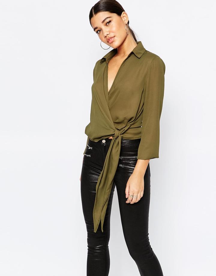 Missguided Wrap Tie Side Shirt - Khaki