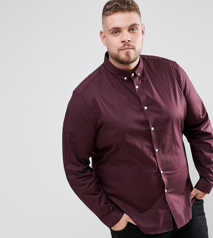 Asos Plus Stretch Regular Fit Shirt In Burgundy With Button Down Collar - Red