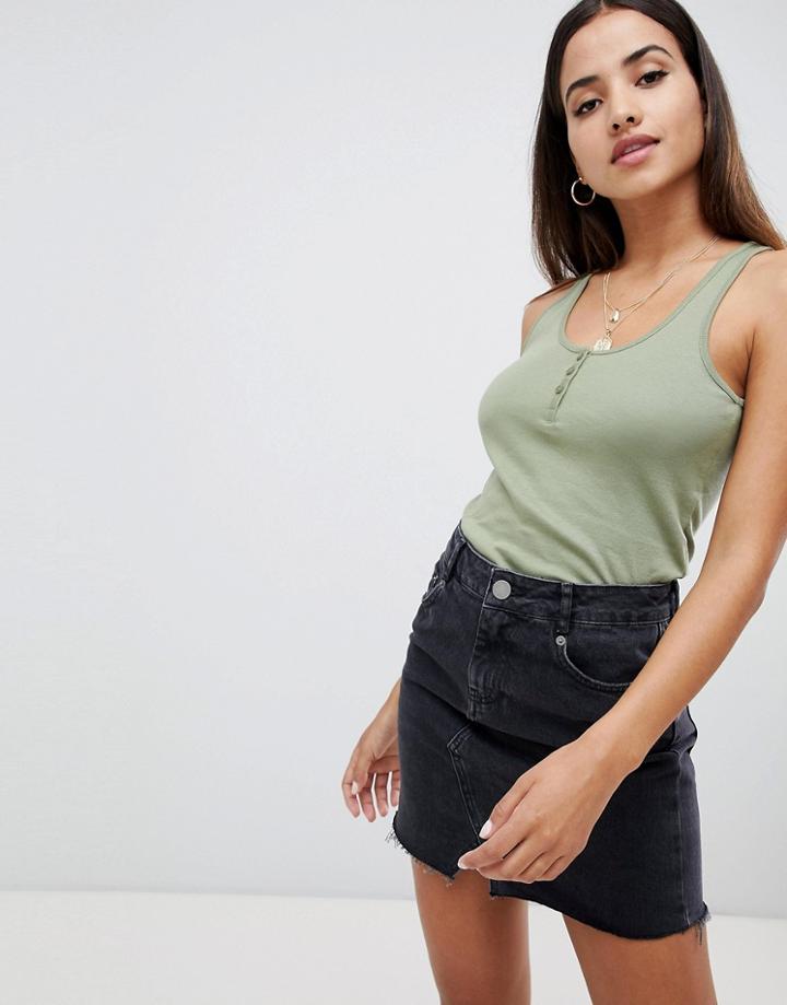 Asos Design Button Tank In Rib In Khaki - Green