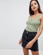 Asos Design Button Tank In Rib In Khaki - Green