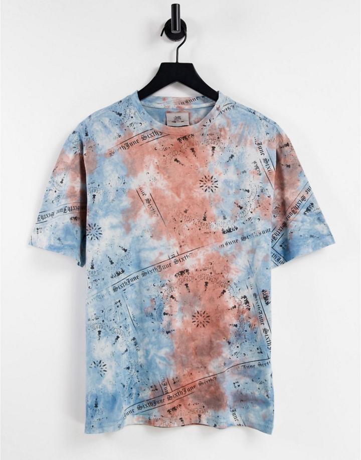 Sixth June Oversized T-shirt In Blue And Orange Tie Dye With Bandana Print