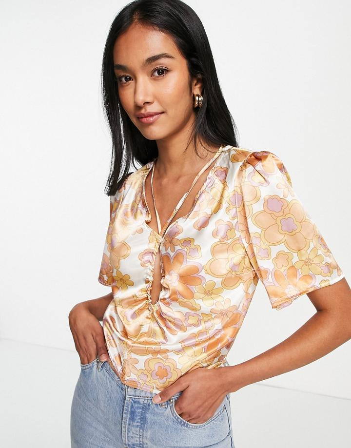 Vila Satin Blouse In Retro Floral - Part Of A Set-brown