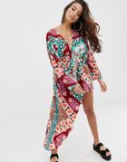 Asos Design Glam Cape Back Beach Romper In Scarf Print - Red