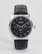 Hugo Boss Heritage Leather Strap Chronograph Watch In Black - Black