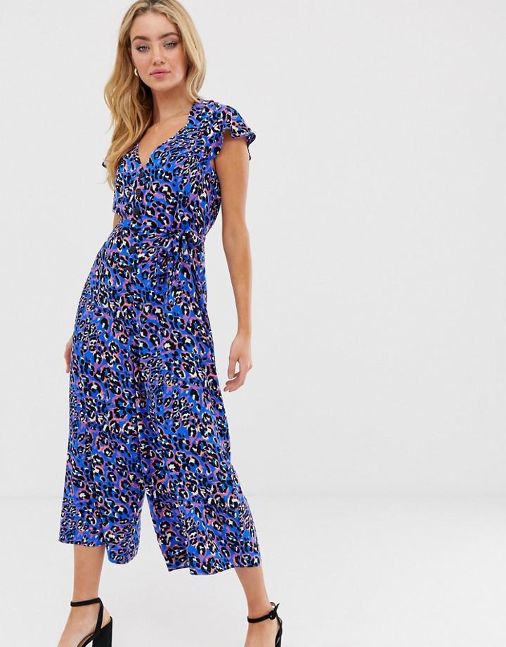 Asos Design Button Front Frill Sleeve Jumpsuit In Animal Print - Multi