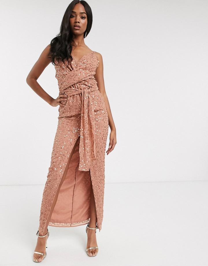 Asos Design Cami Maxi Dress With Wrap Waist In Scatter Sequin-brown