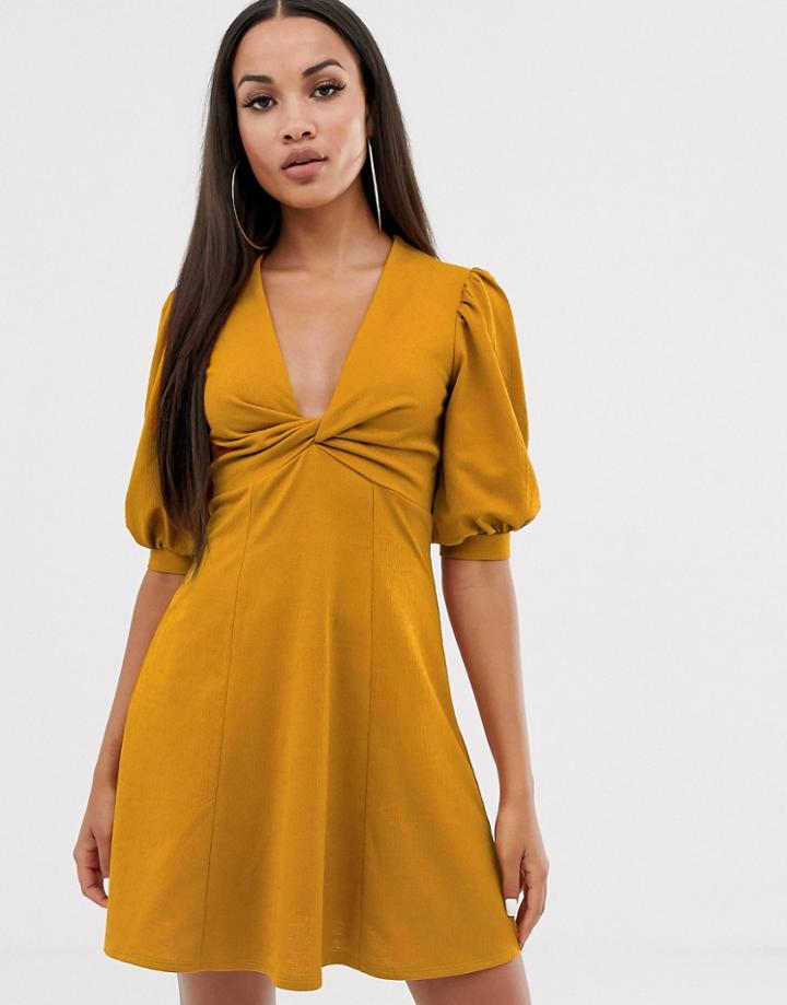 Asos Design Mini Twist Front Tea Dress-yellow