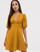 Asos Design Mini Twist Front Tea Dress-yellow