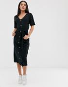 Asos Design V Neck Button Through Belted Midi With Pockets - Black