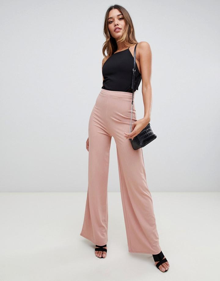 Boohoo Slinky Ribbed Wide Leg In Nude - Beige