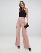 Boohoo Slinky Ribbed Wide Leg In Nude - Beige