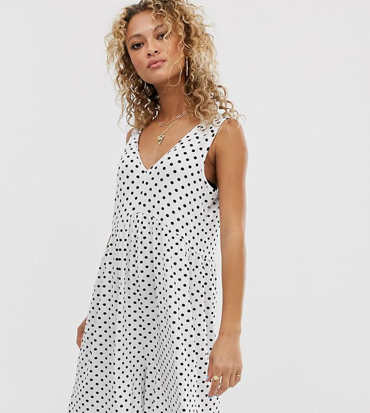 Asos Design Curved Smock Romper In White Polka Dot - Multi