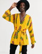 Asos Design Regular Wrap Shirt In Mustard And Red Floral