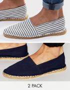 Asos Canvas Espadrilles In Navy And Blue Stripe 2 Pack Save - Multi