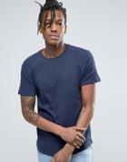 Selected Homme Indigo T-shirt With Raglan Waffle And Curved Hem - Navy