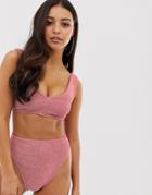 Asos Design Fuller Bust Mix And Match Crinkle V Front Crop Bikini Top In Shiny Dusky Pink Dd-g - Pink