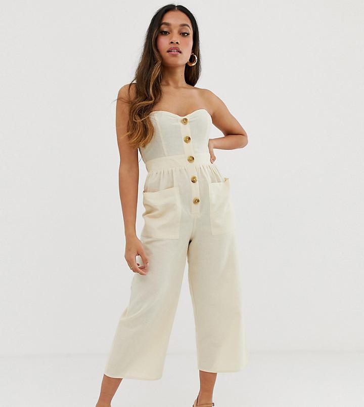 Asos Design Petite Bandeau Button Front Jumpsuit With Pockets-beige