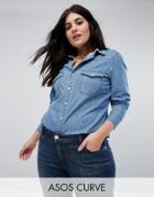 Asos Curve Denim Fitted Shirt In Midwash Blue - Blue
