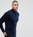 Asos Tall Half Zip Cotton Sweater In Navy - Navy