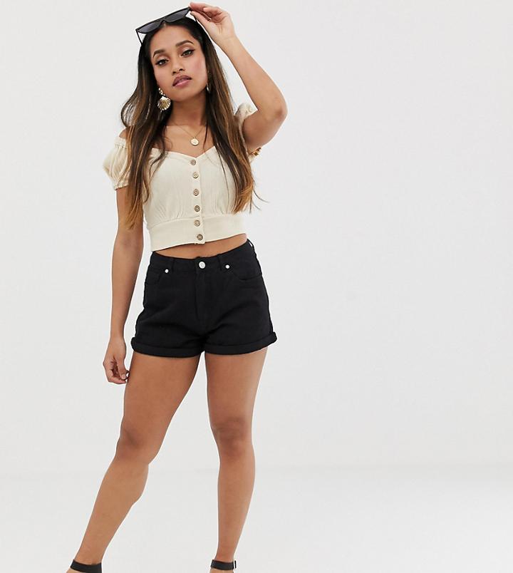 Missguided Petite Riot High Rise Denim Shorts In Black - Black