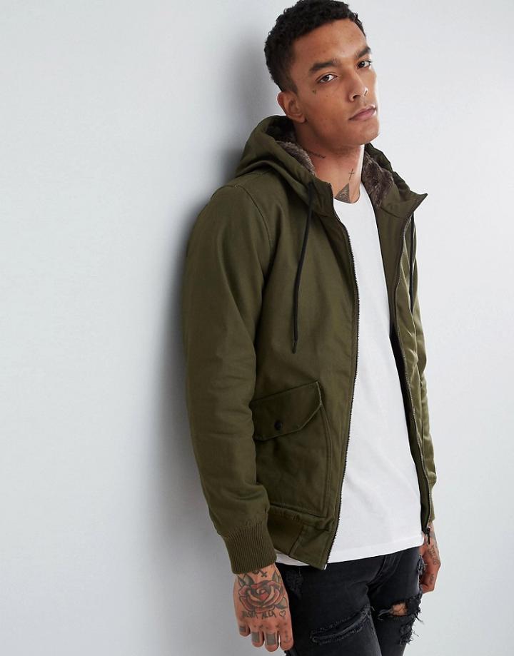 Bershka Coat With Fur Hood In Khaki - Green