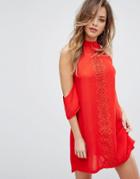Prettylittlething Crochet Detail Cold Shoulder Swing Dress - Red