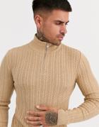 Asos Design Muscle Fit Lightweight Cable Half Zip Sweater In Camel-tan